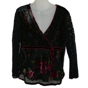 Katie Todd Boho Style Laced Sleeve Peacock Feathers Floral Velvet Top Size L